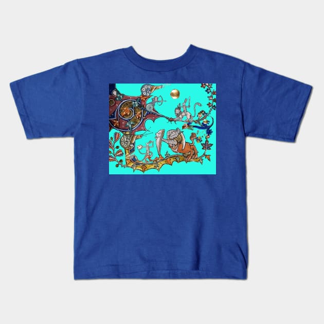 WEIRD MEDIEVAL BESTIARY WAR Between Snails and Killer Rabbits ,Lion,Centaur Knight in Blue Turquoise Kids T-Shirt by BulganLumini